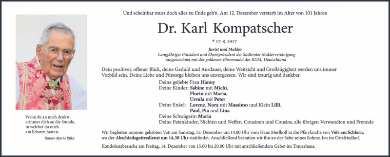 Traueranzeige für Karl Kompatscher vom 13.12.2018 aus Dolomiten
