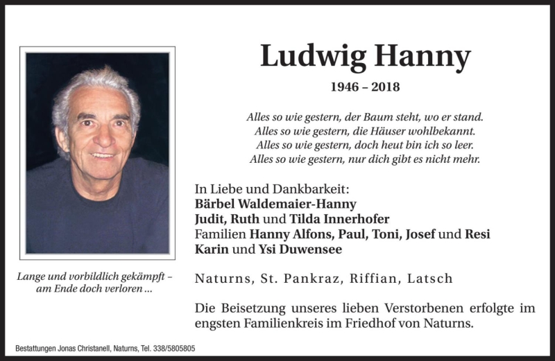  Traueranzeige für Ludwig Hanny vom 05.12.2018 aus Dolomiten