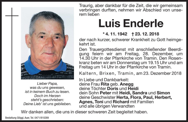  Traueranzeige für Luis Enderle  vom 27.12.2018 aus Dolomiten