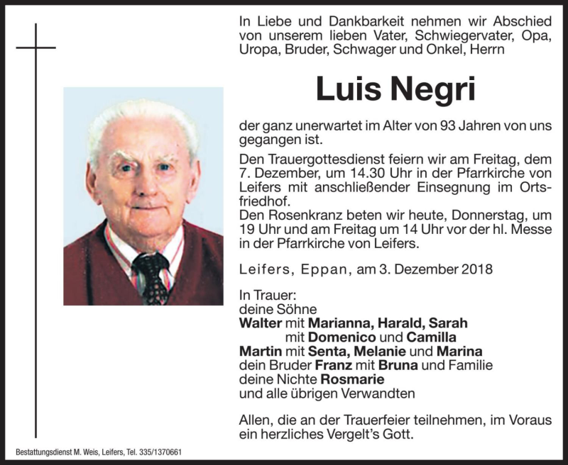  Traueranzeige für Luis Negri vom 06.12.2018 aus Dolomiten