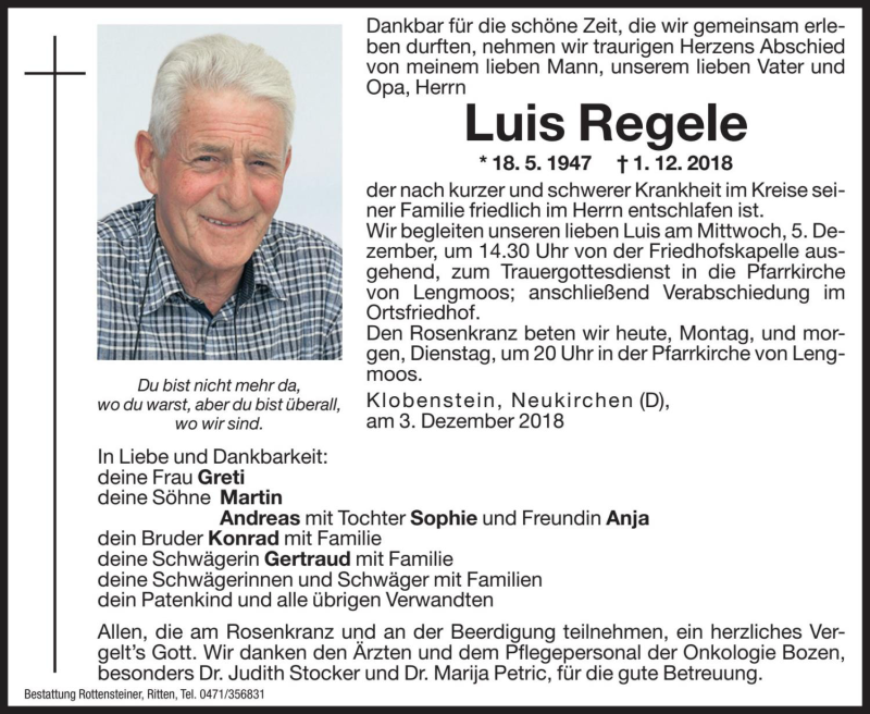  Traueranzeige für Luis Regele vom 03.12.2018 aus Dolomiten