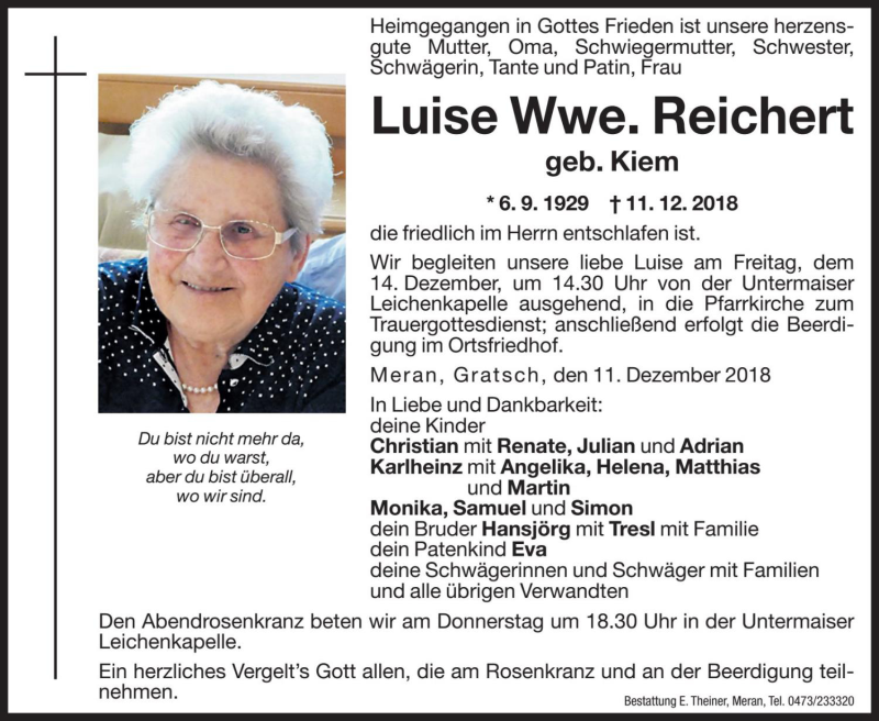  Traueranzeige für Luise Reichert vom 12.12.2018 aus Dolomiten