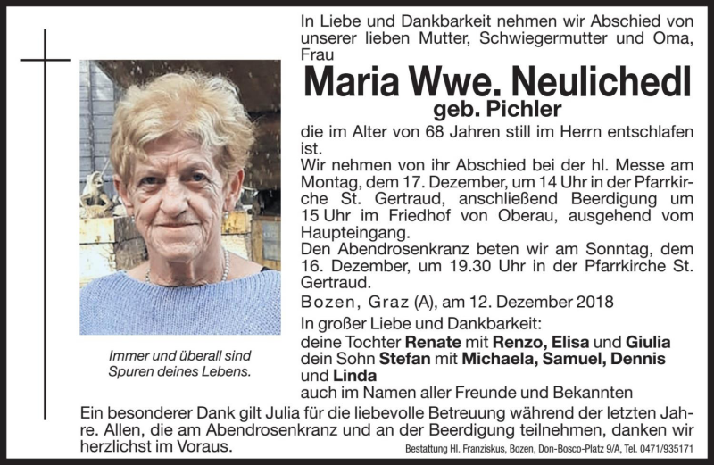  Traueranzeige für Maria Neulichedl vom 15.12.2018 aus Dolomiten