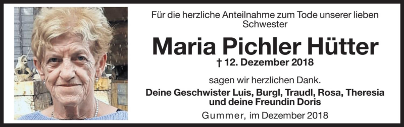 Traueranzeige für Maria Pichler Hütter vom 18.12.2018 aus Dolomiten