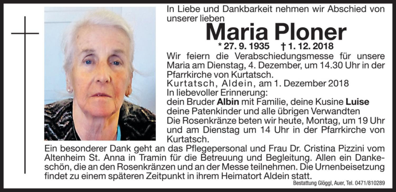  Traueranzeige für Maria Ploner vom 03.12.2018 aus Dolomiten