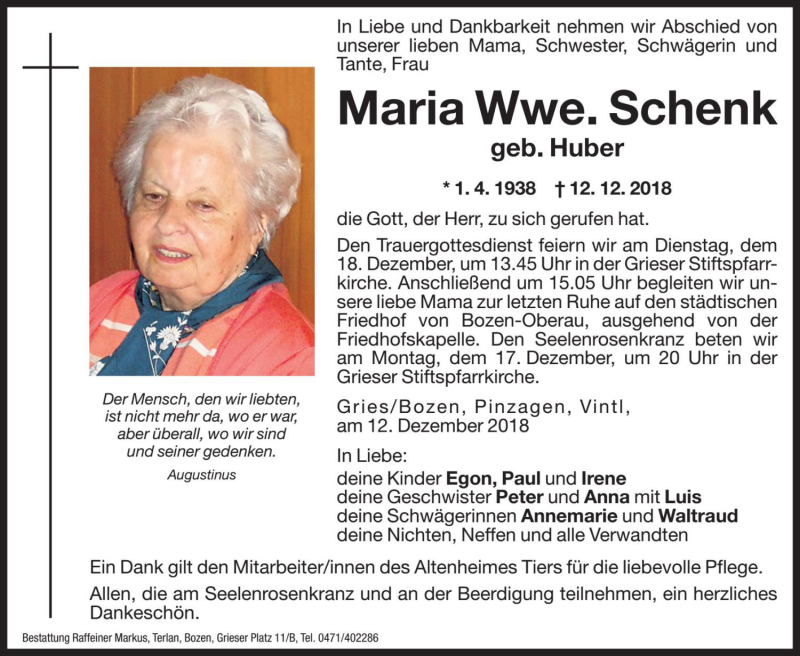  Traueranzeige für Maria Schenk vom 14.12.2018 aus Dolomiten