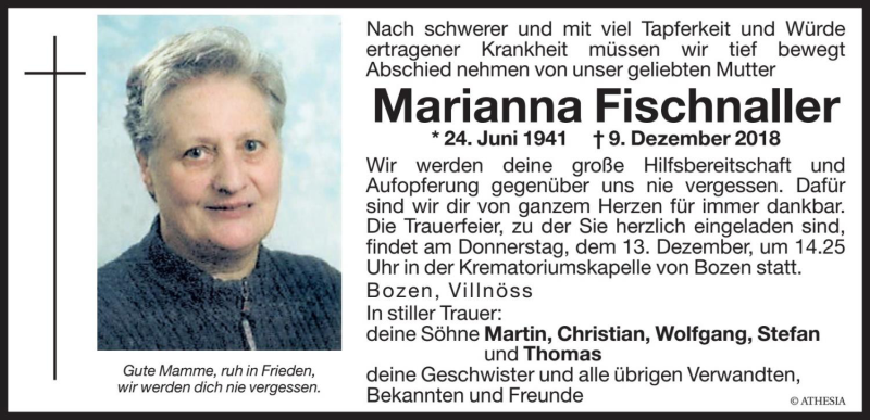  Traueranzeige für Marianna Fischnaller vom 12.12.2018 aus Dolomiten