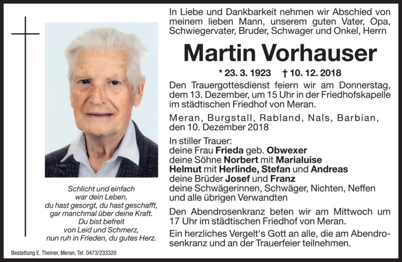  Traueranzeige für Martin Vorhauser vom 11.12.2018 aus Dolomiten