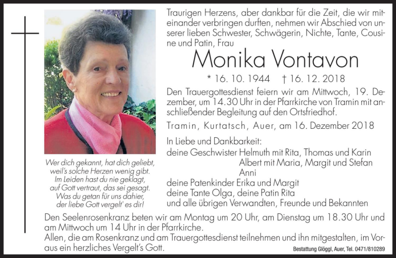  Traueranzeige für Monika Vontavon vom 17.12.2018 aus Dolomiten