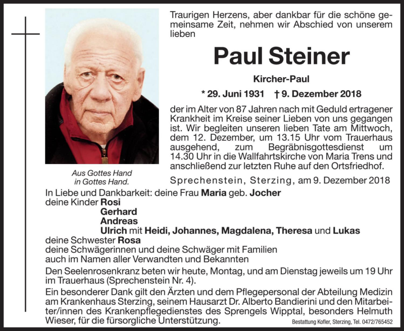  Traueranzeige für Paul Steiner vom 10.12.2018 aus Dolomiten