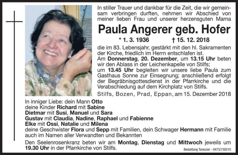  Traueranzeige für Paula Angerer vom 17.12.2018 aus Dolomiten