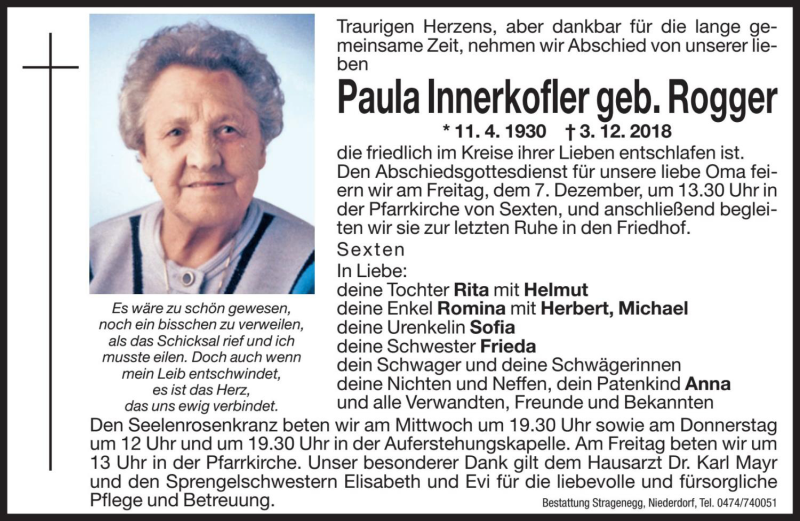  Traueranzeige für Paula Innerkofler vom 05.12.2018 aus Dolomiten