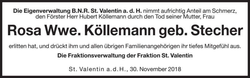  Traueranzeige für Rosa Köllemann vom 04.12.2018 aus Dolomiten