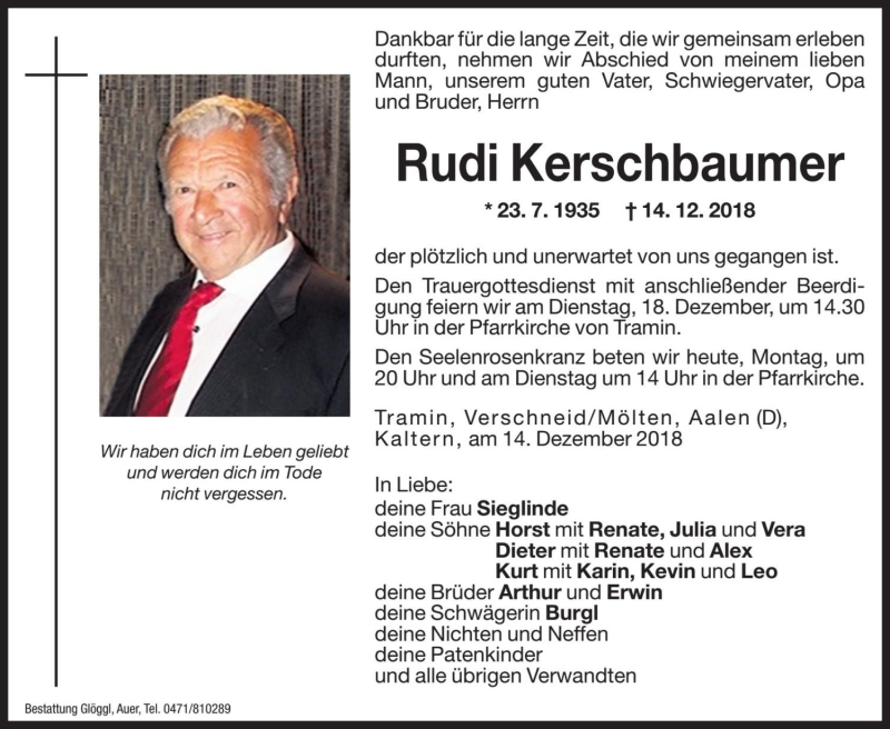  Traueranzeige für Rudi Kerschbaumer vom 17.12.2018 aus Dolomiten