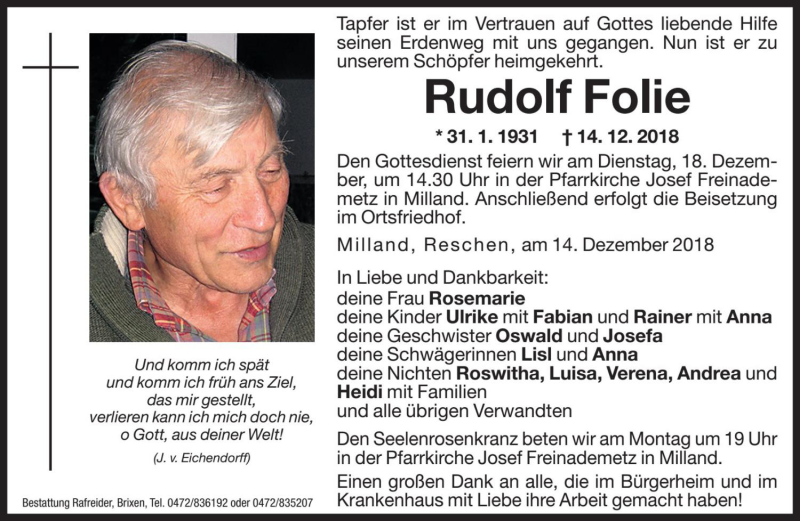  Traueranzeige für Rudolf Folie vom 15.12.2018 aus Dolomiten