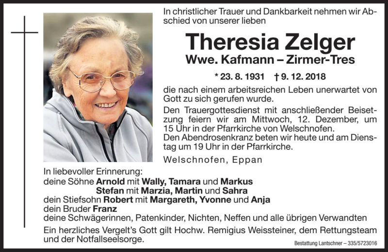  Traueranzeige für Theresia Kafmann vom 10.12.2018 aus Dolomiten