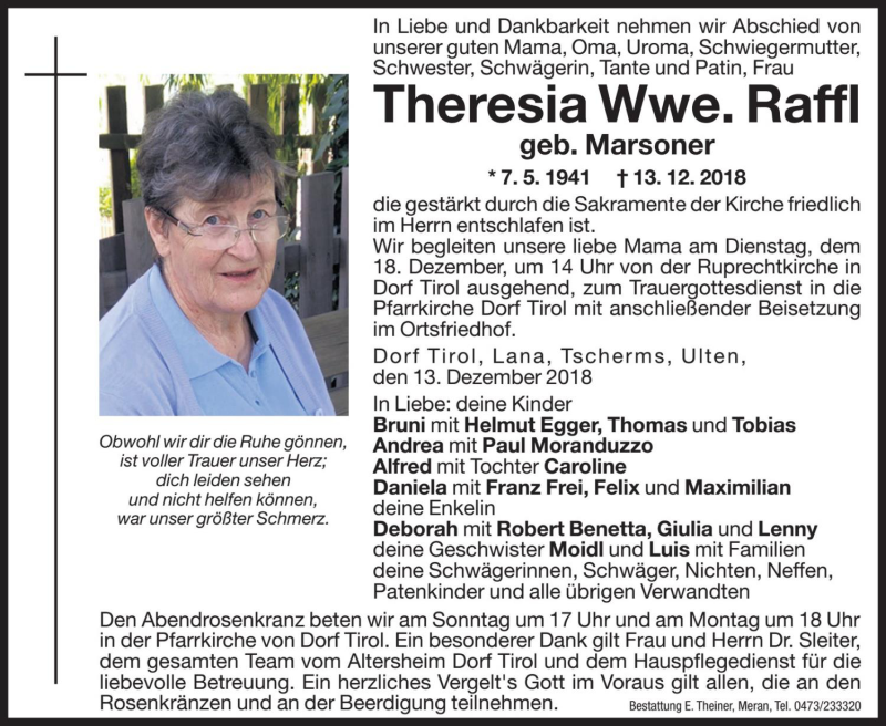  Traueranzeige für Theresia Raffl vom 15.12.2018 aus Dolomiten