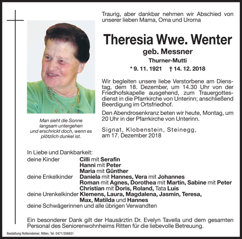  Traueranzeige für Theresia Wenter vom 17.12.2018 aus Dolomiten