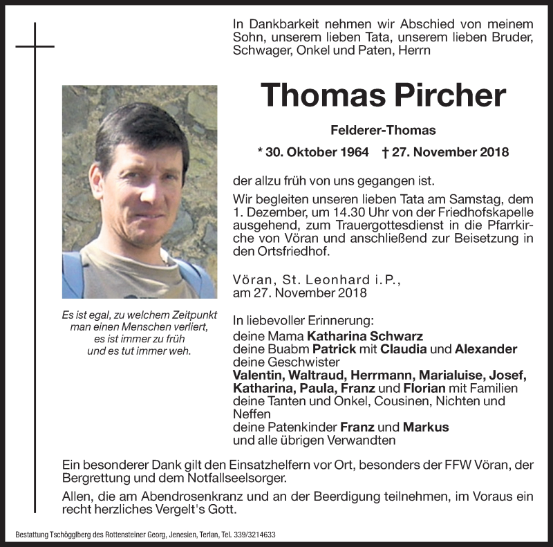  Traueranzeige für Thomas Pircher vom 01.12.2018 aus Dolomiten
