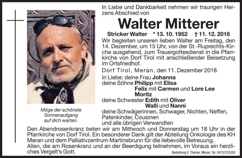  Traueranzeige für Walter Mitterer vom 12.12.2018 aus Dolomiten
