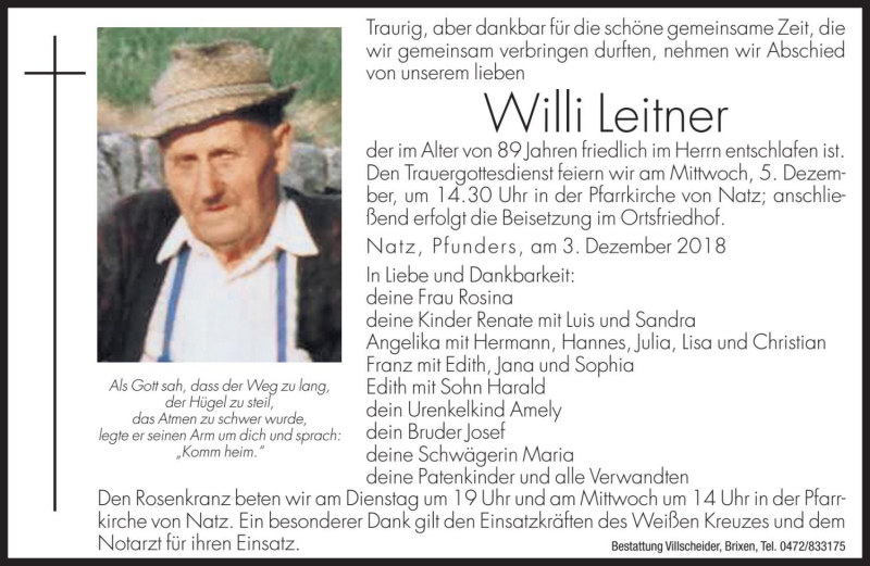  Traueranzeige für Willi Leitner vom 04.12.2018 aus Dolomiten