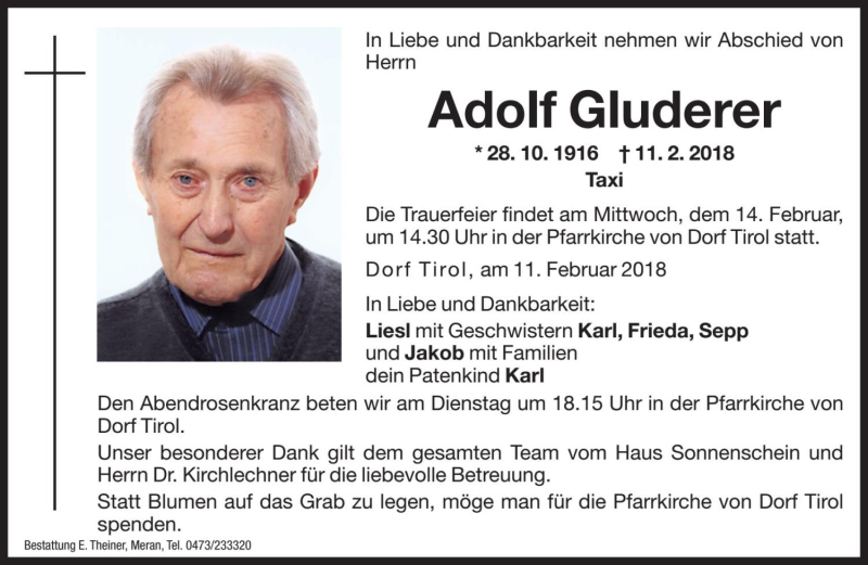  Traueranzeige für Adolf Gluderer vom 13.02.2018 aus Dolomiten
