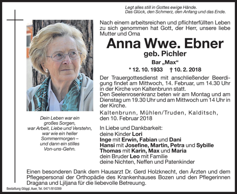  Traueranzeige für Anna Ebner vom 12.02.2018 aus Dolomiten