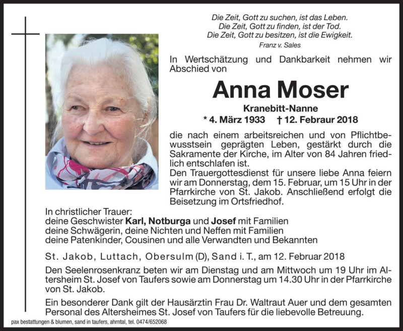  Traueranzeige für Anna Moser vom 13.02.2018 aus Dolomiten