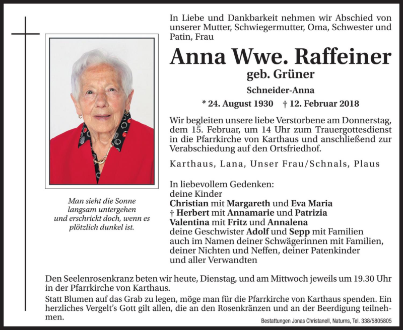  Traueranzeige für Anna Raffeiner vom 13.02.2018 aus Dolomiten