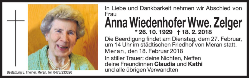  Traueranzeige für Anna Zelger vom 23.02.2018 aus Dolomiten