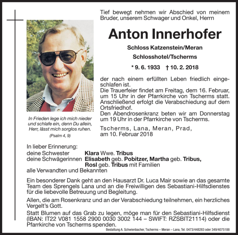  Traueranzeige für Anton Innerhofer vom 14.02.2018 aus Dolomiten