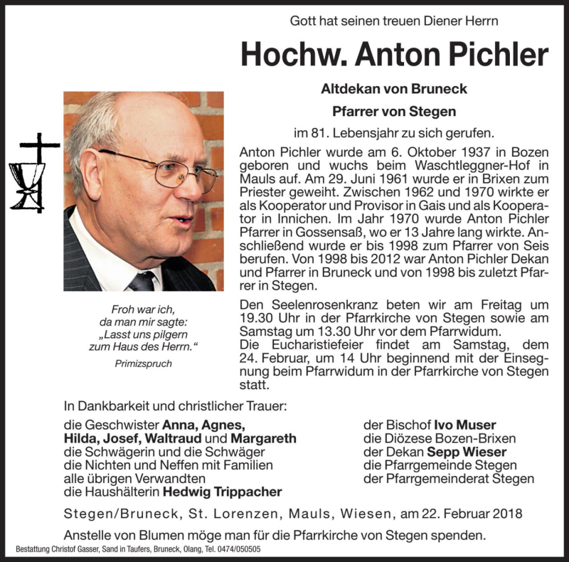  Traueranzeige für Anton Pichler vom 23.02.2018 aus Dolomiten