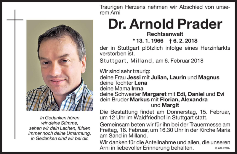  Traueranzeige für Arnold Prader vom 12.02.2018 aus Dolomiten