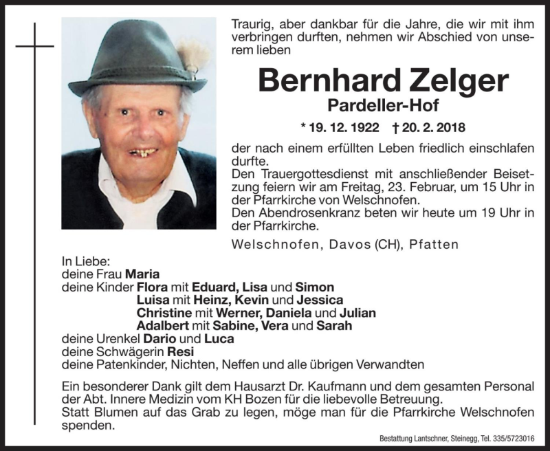  Traueranzeige für Bernhard Zelger vom 22.02.2018 aus Dolomiten