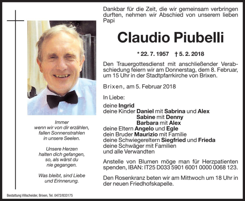  Traueranzeige für Claudio Piubelli vom 07.02.2018 aus Dolomiten