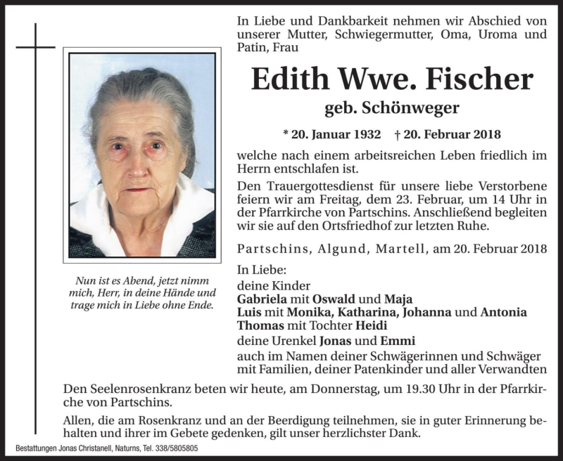  Traueranzeige für Edith Fischer vom 22.02.2018 aus Dolomiten
