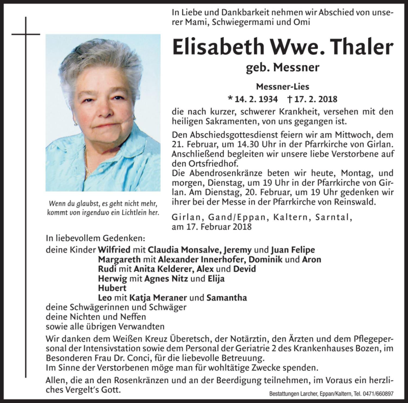  Traueranzeige für Elisabeth Thaler vom 19.02.2018 aus Dolomiten