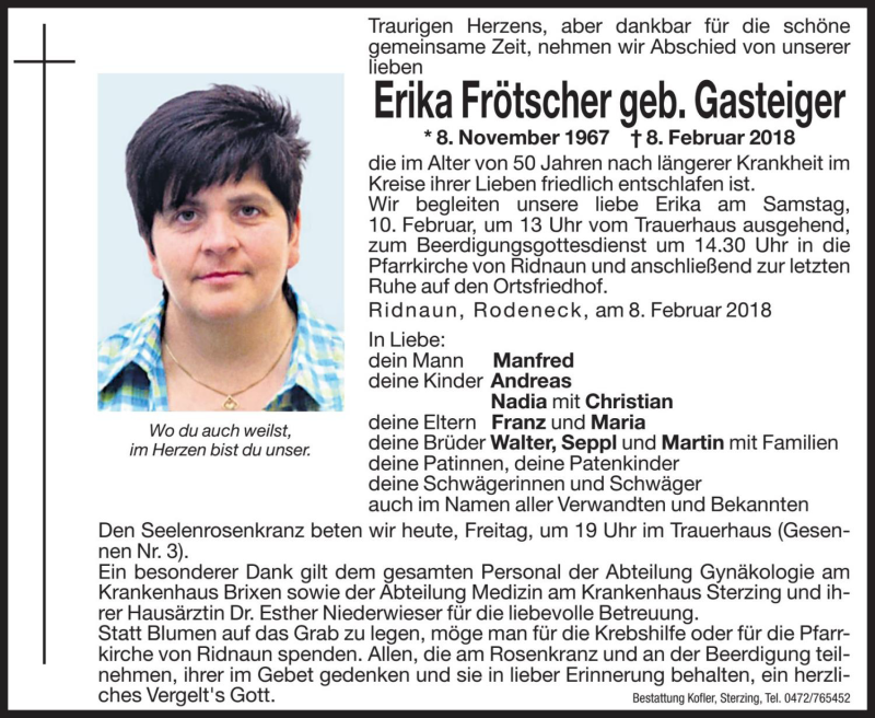  Traueranzeige für Erika Frötscher vom 09.02.2018 aus Dolomiten