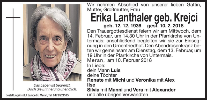  Traueranzeige für Erika Lanthaler vom 12.02.2018 aus Dolomiten
