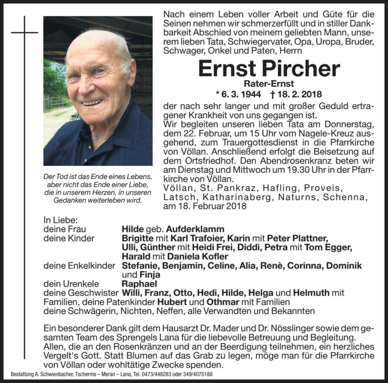  Traueranzeige für Ernst Pircher vom 20.02.2018 aus Dolomiten