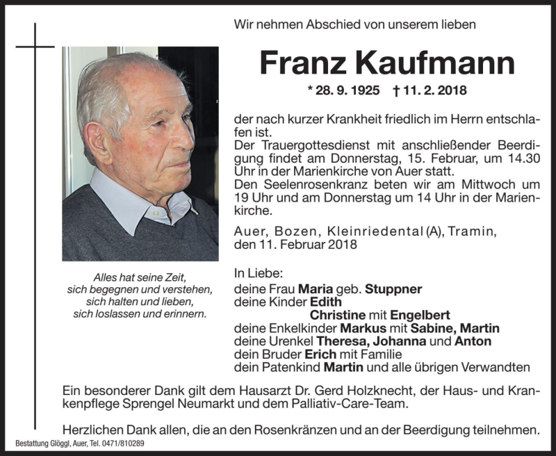  Traueranzeige für Franz Kaufmann vom 12.02.2018 aus Dolomiten