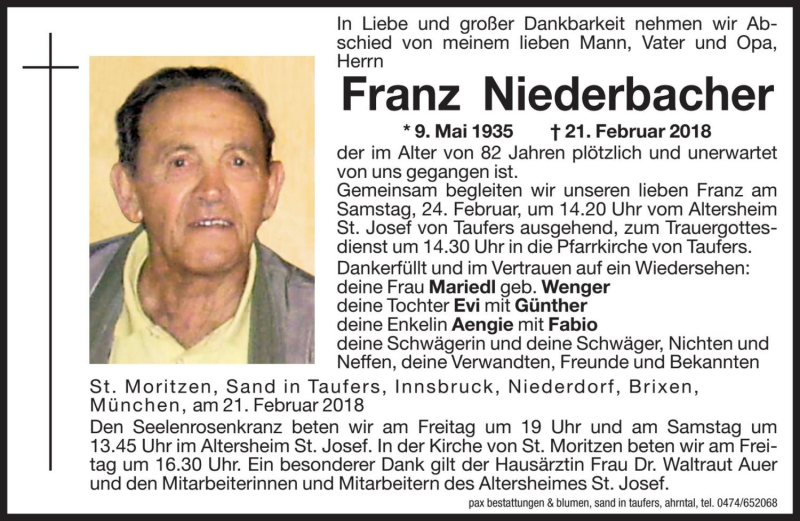  Traueranzeige für Franz Niederbacher vom 23.02.2018 aus Dolomiten