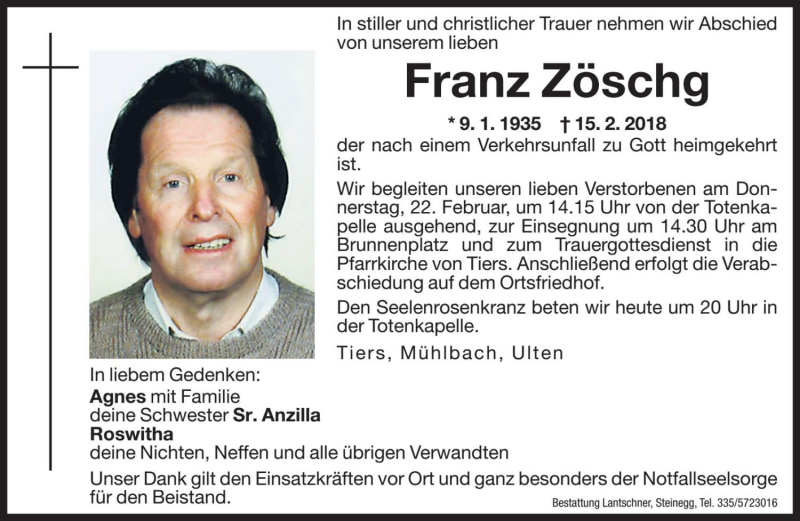  Traueranzeige für Franz Zöschg vom 21.02.2018 aus Dolomiten