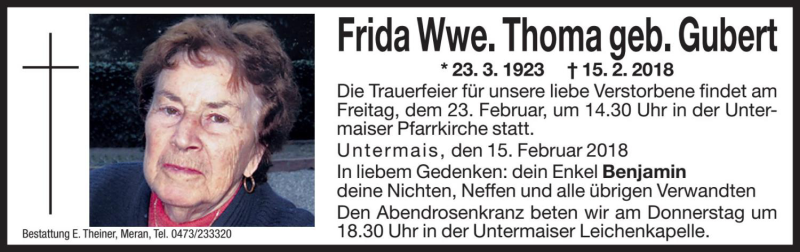  Traueranzeige für Frida Thoma vom 21.02.2018 aus Dolomiten