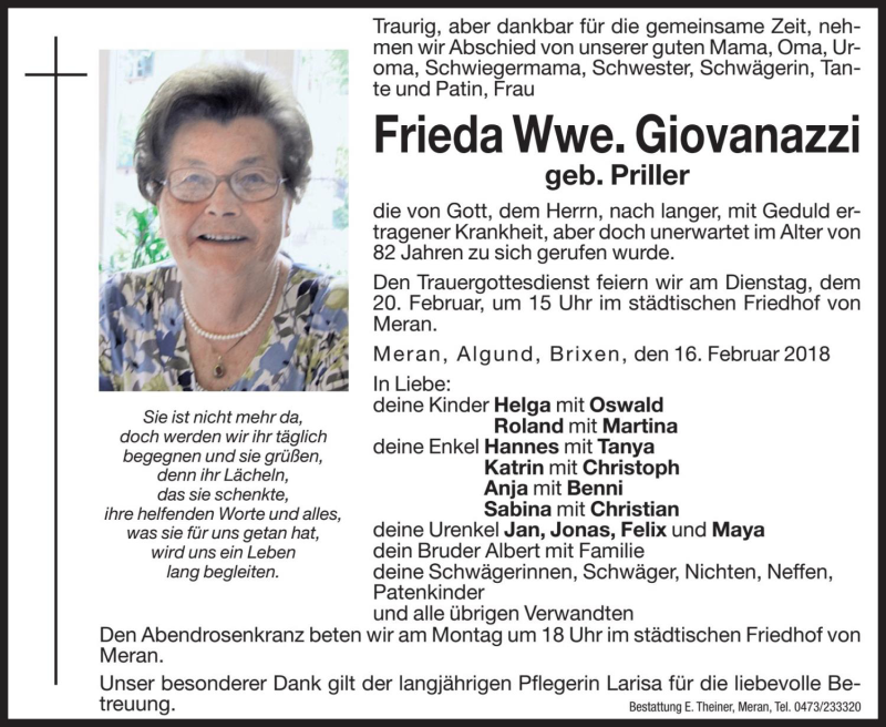  Traueranzeige für Frieda Giovanazzi vom 19.02.2018 aus Dolomiten