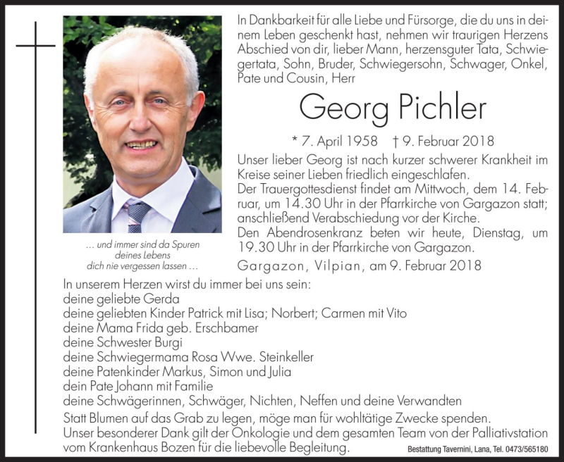  Traueranzeige für Georg Pichler vom 13.02.2018 aus Dolomiten
