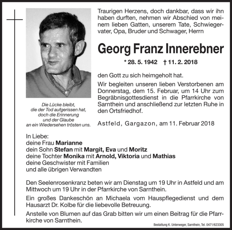  Traueranzeige für Georg Franz Innerbner vom 13.02.2018 aus Dolomiten