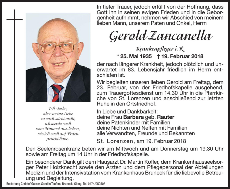  Traueranzeige für Gerold Zancanella vom 21.02.2018 aus Dolomiten