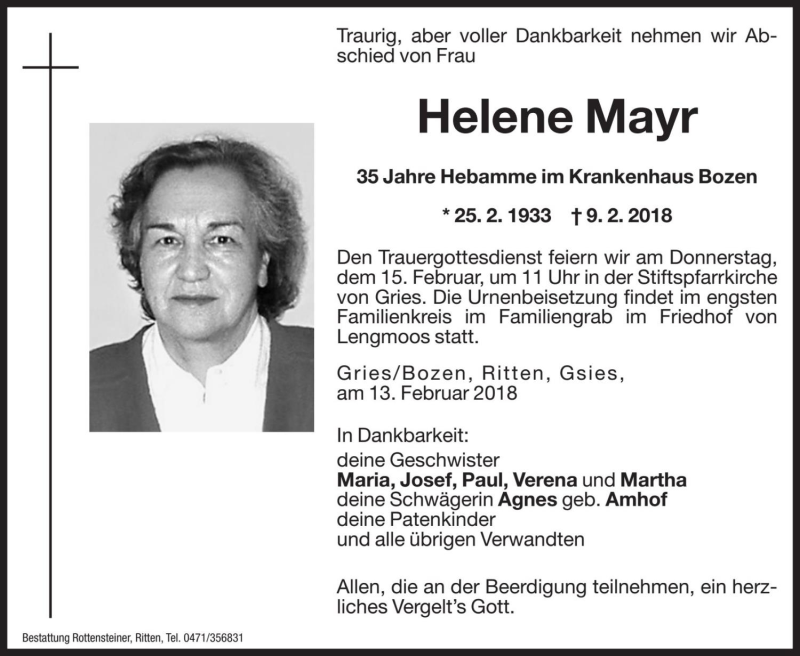  Traueranzeige für Helene Mayr vom 13.02.2018 aus Dolomiten