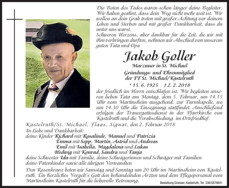  Traueranzeige für Jakob Goller vom 03.02.2018 aus Dolomiten